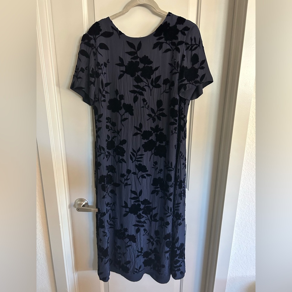 Talbots Petites 14 Velvet Silk Floral Ankle Length Midi Dress Blue Navy